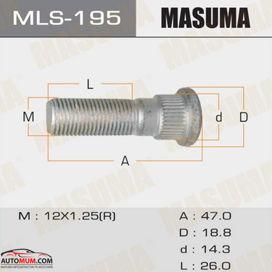 MASUMA MLS195 Шпилька колісна М12x1, 25х47 шліц 14,3 мм (Nissan, Subaru, Mazda)