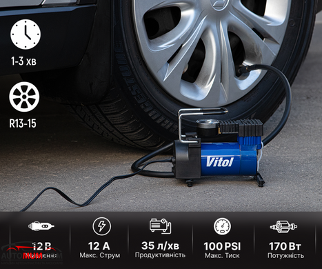 Компресор ViTOL K-20 100psi/12Amp/35л/прикурювач