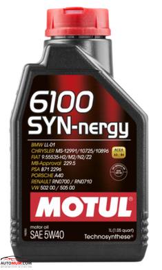 Моторное масло MOTUL 6100 Syn-nergy 5w-40 A3/B3/B4:SL/CF (BMW,MB,VW) - 1л